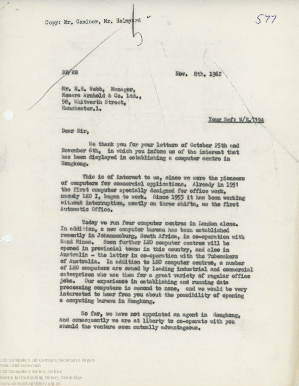 Article: 62873 Quotation for LEO III, Arnhold & Co Ltd, Hong Kong, 8th November 1962