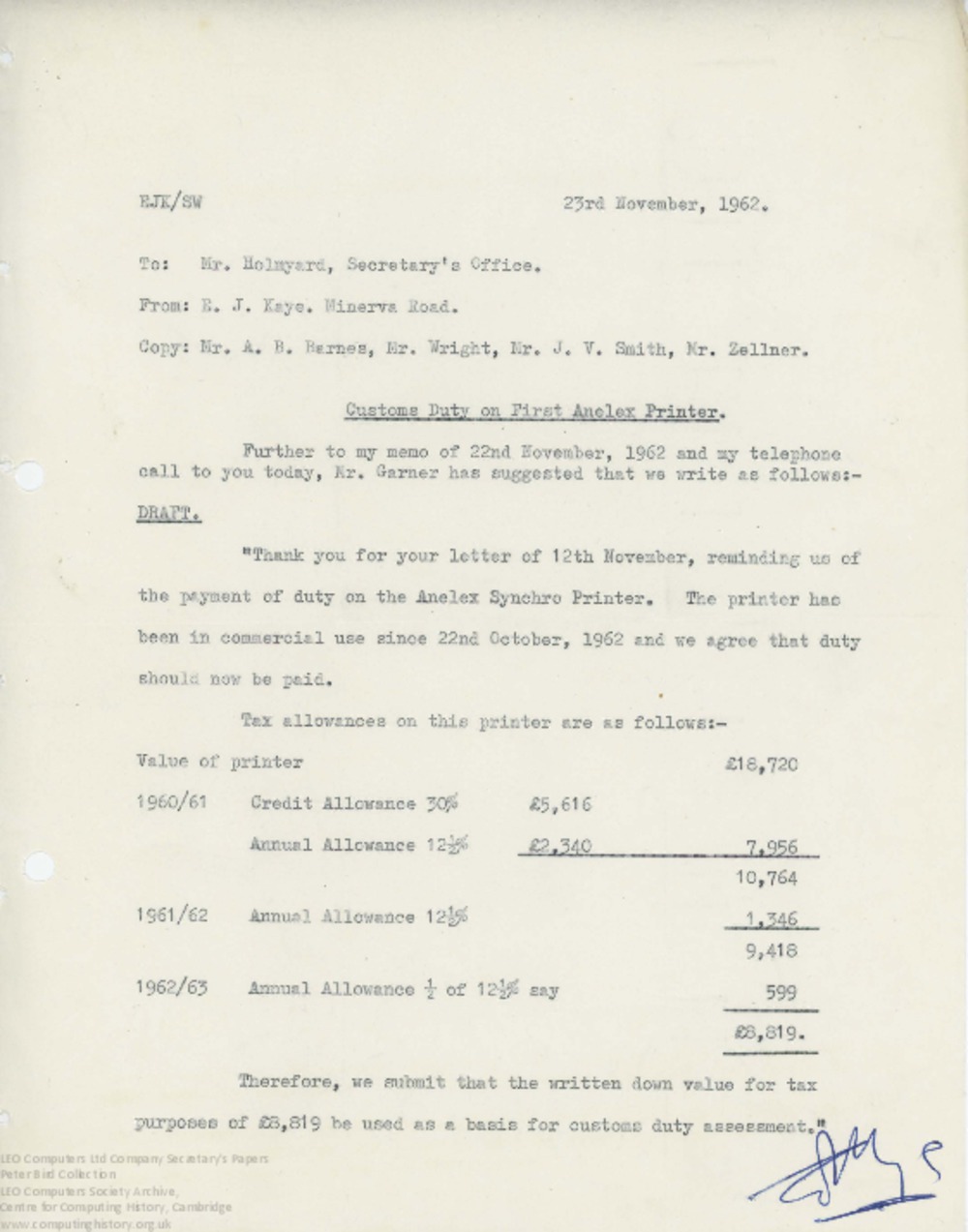 Article: 62875 Customs Duty on First Anelex Printer, 23rd November 1962