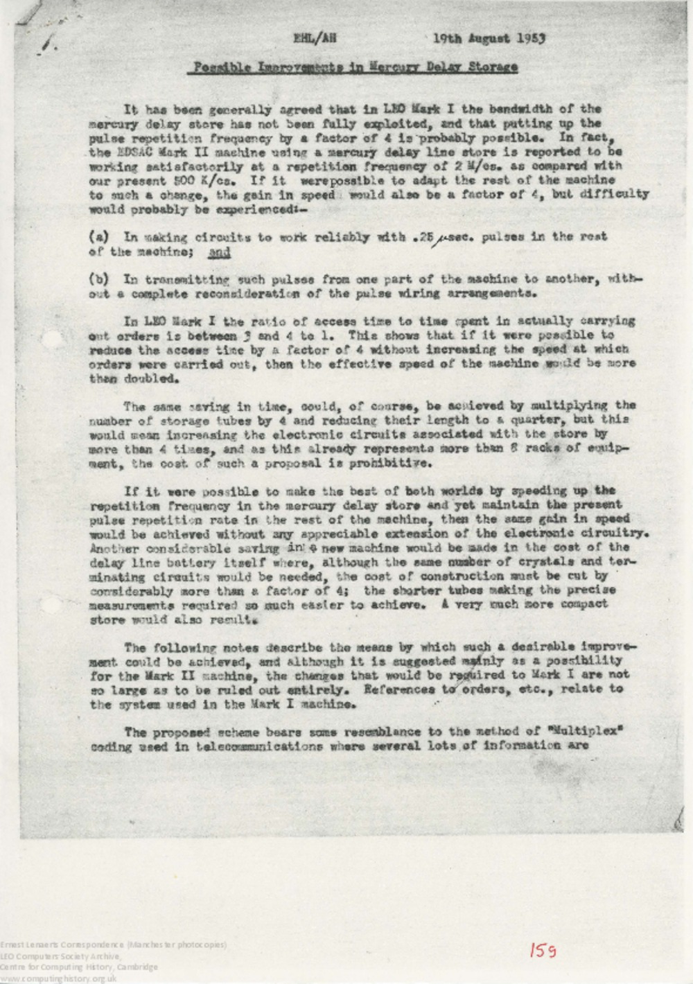 Article: 62896 Lenaerts report: Possible Improvements to Mercury Delay Storage, 19th Aug 1953