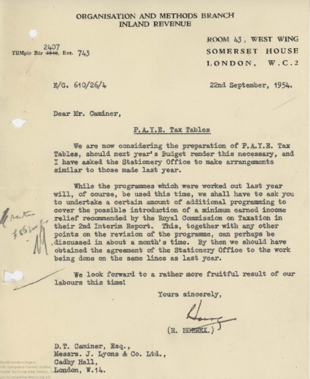 Article: 62929 Correspondence with R. Horrex,  Inland Revenue, 22-24 Sep 1954