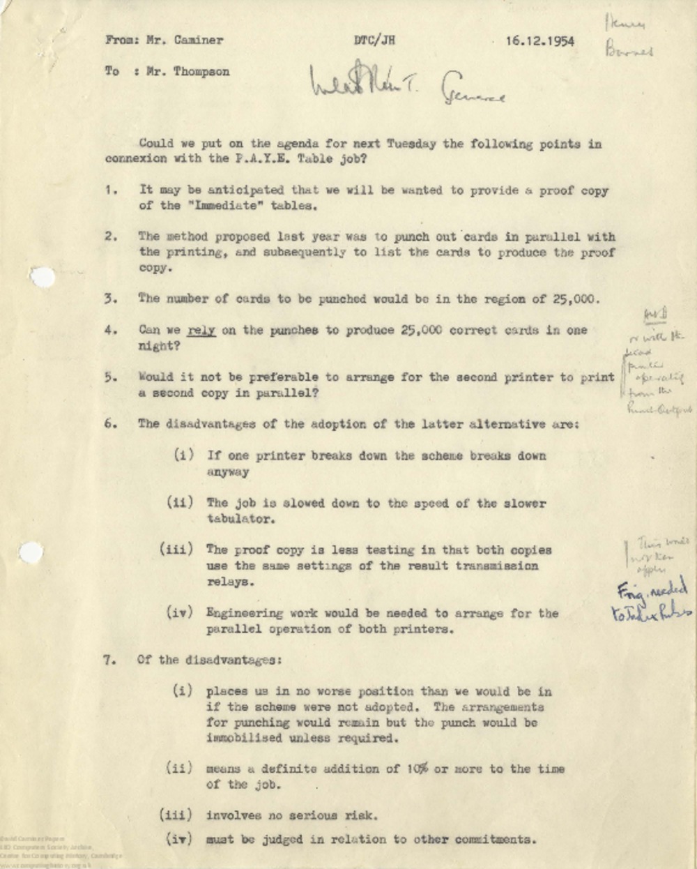 Article: 62936 Memo to TR Thompson, 16th Dec 1954