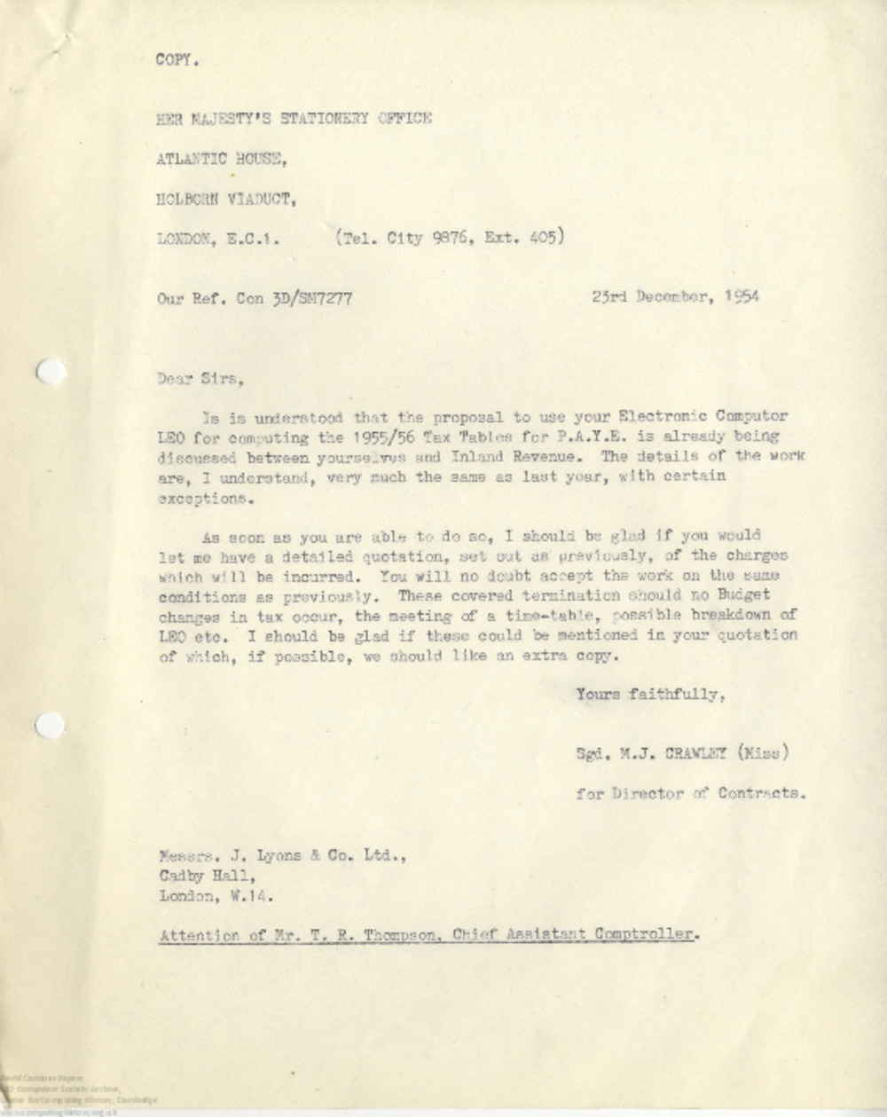 Article: 62939 Correspondence with the Inland Revenue and HMSO regarding contract and scheduling, Dec 1954-Feb 1955 