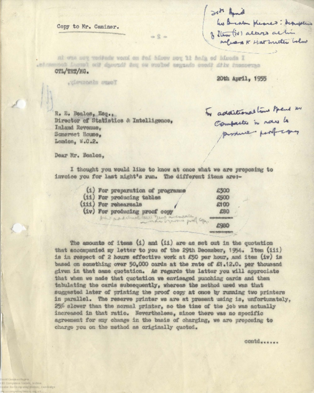 Article: 62944 Letter to Inland Revenue following run of the Tax Tables job, 20th Apr 1955