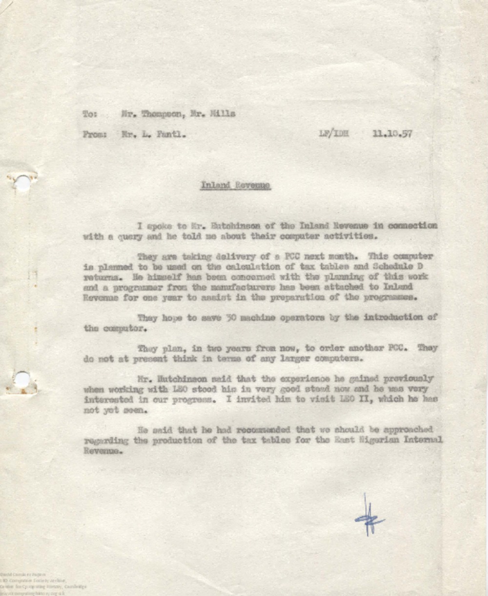 Article: 62951 Memo regarding Inland Revenue running Tax Tables on their own computer, 11th Oct 1957