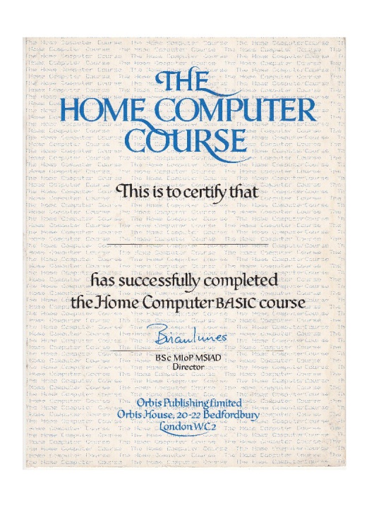 Scan of Document: The Home Computer Course - Completion Certificate