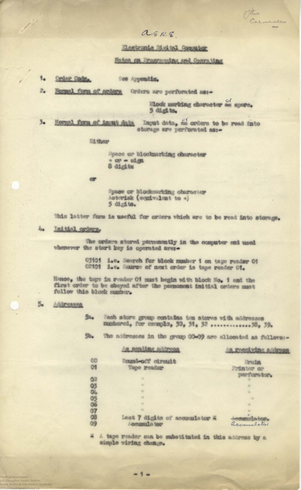 Article: 63071 AERE Electronic Digital Computer - Notes on Programming and Operating