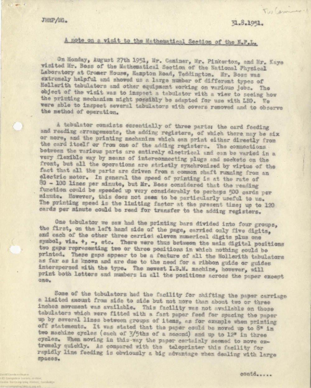 Article: 63074 A Note on a Visit to the Mathematical Section of the NPL, August 1951
