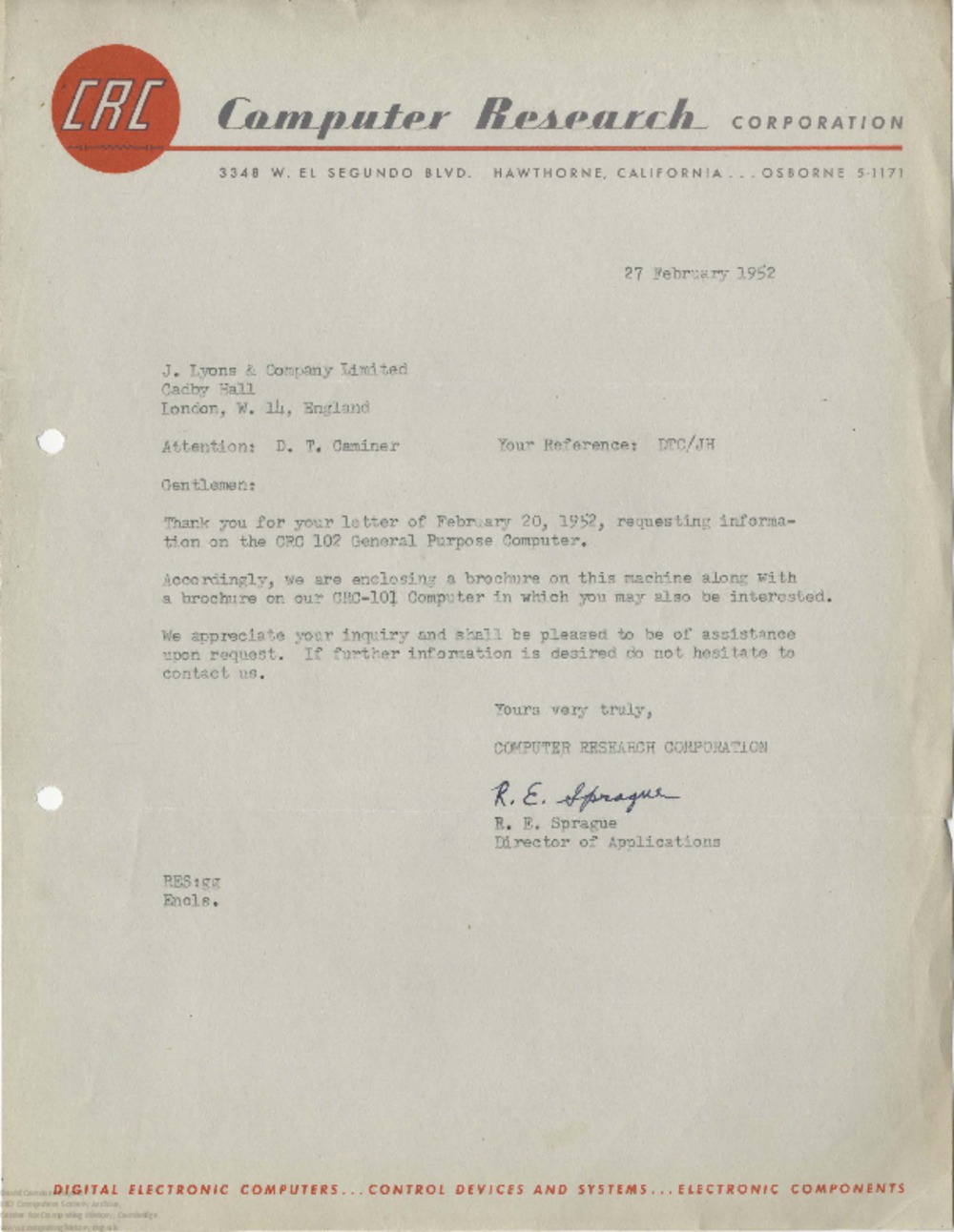 Article: 63076 Letter from Computer Research Corp, 27th February 1952