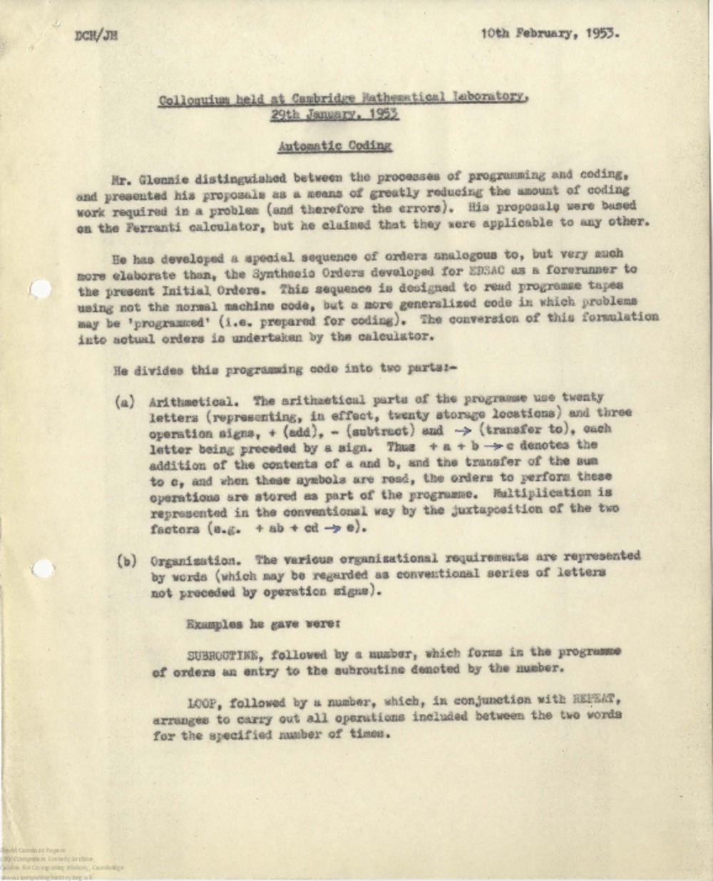 Article: 63092 Colloquium held at Cambridge Mathematical Laboratory, 29th Jan 1953