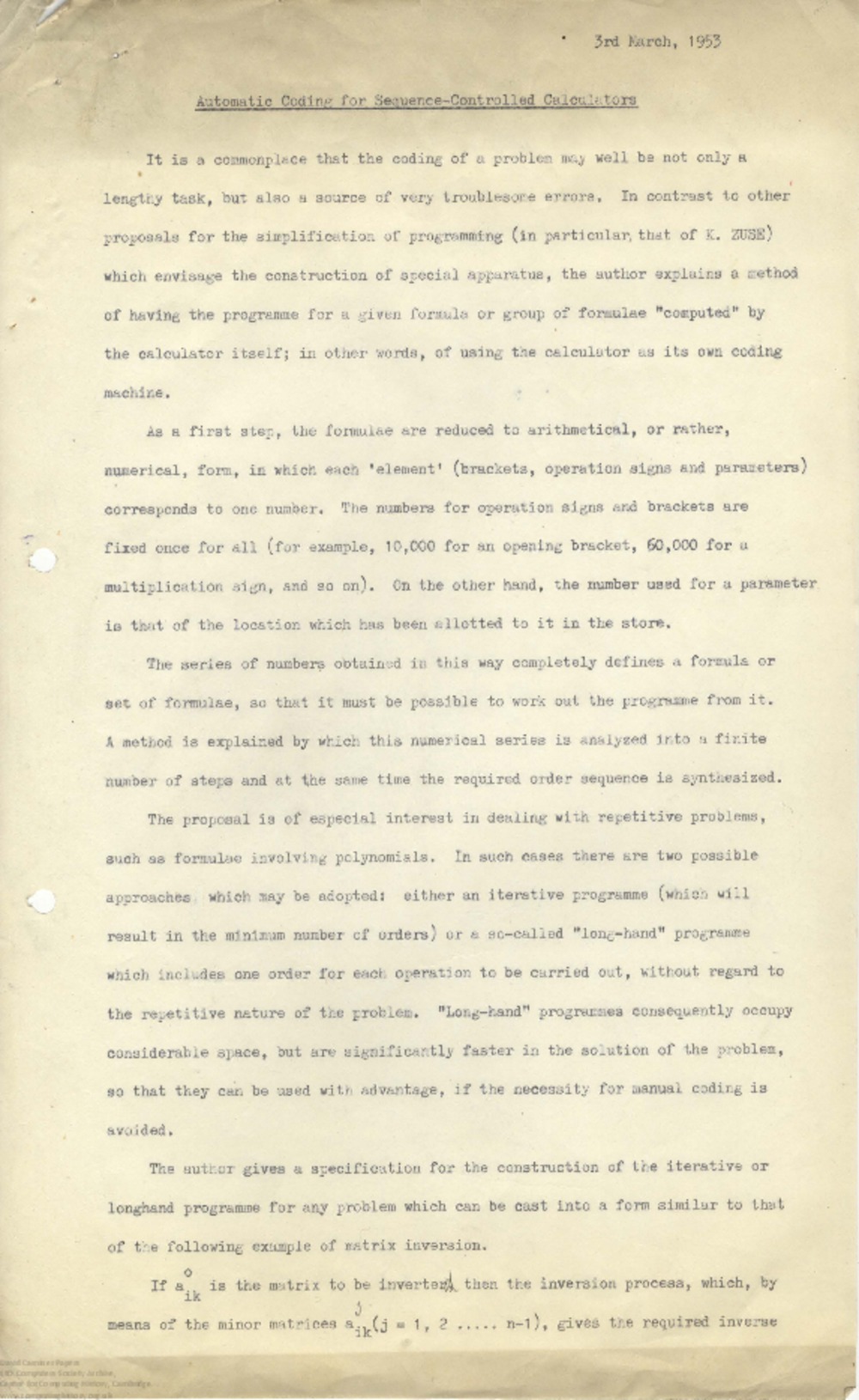 Article: 63097 Automatic Coding for Sequence-Controlled Calculators, 3rd Mar 1953