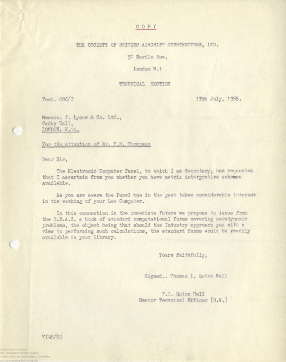 Article: 63101 Matrix Interpretive Schemes enquiry, July 1955