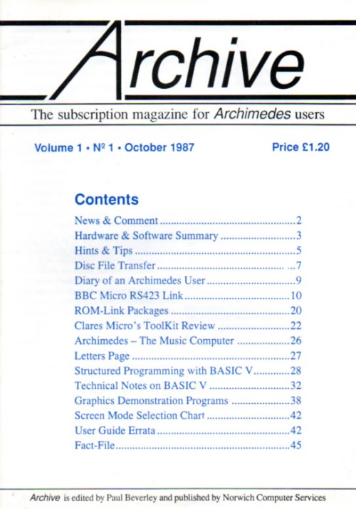 Scan of Document: Archive - Vol 1, No 1 - October 1987
