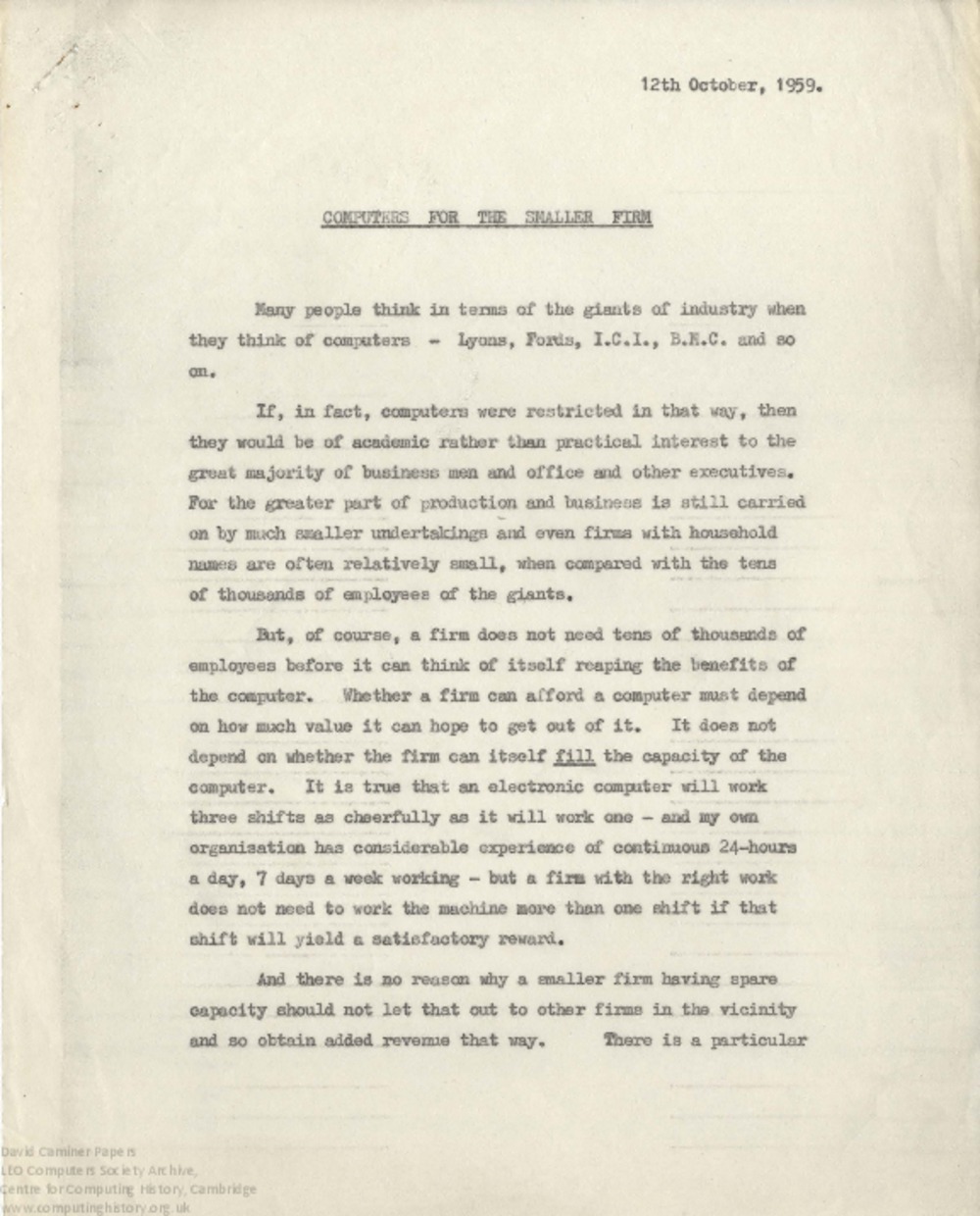 Article: 63990  Computers for the Smaller Firm, 12 Oct 1959