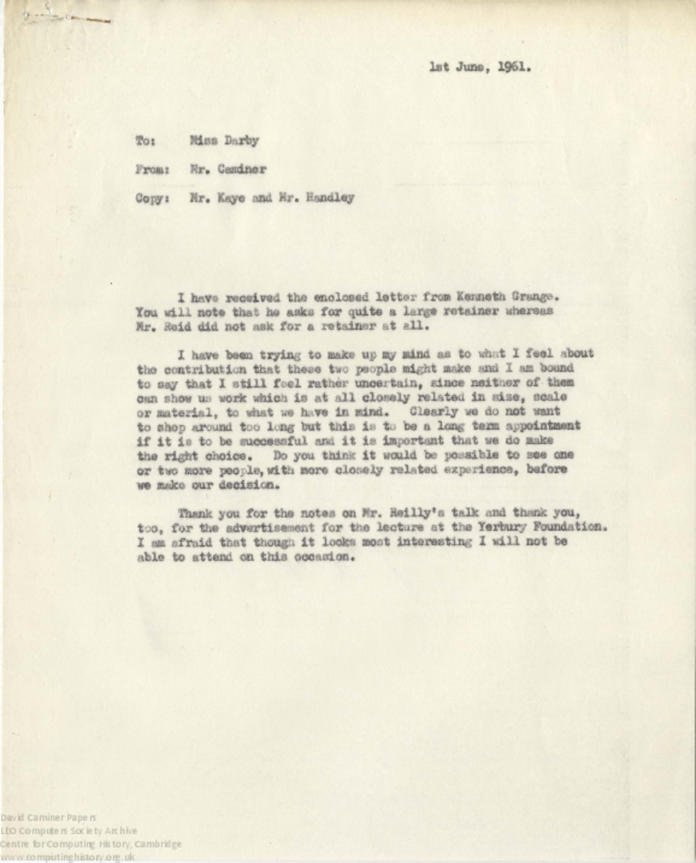 Article: 63995  Interior Design Consultation correspondence, May-June 1961