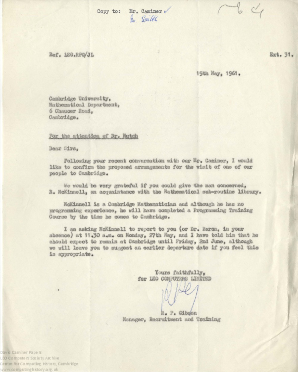 Article: 63994  Correspondence regarding visits, May-June 1961