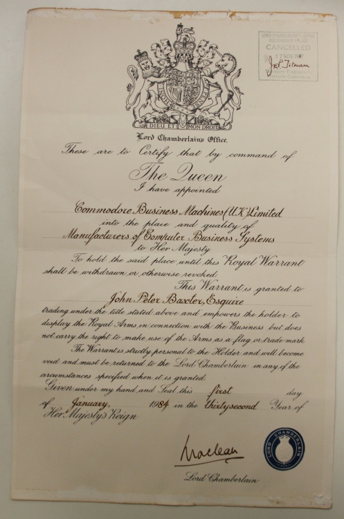 Commodore Business Machines UK Royal Warrant - Document