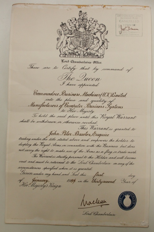 Commodore Business Machines UK Royal Warrant - Document - Computing History