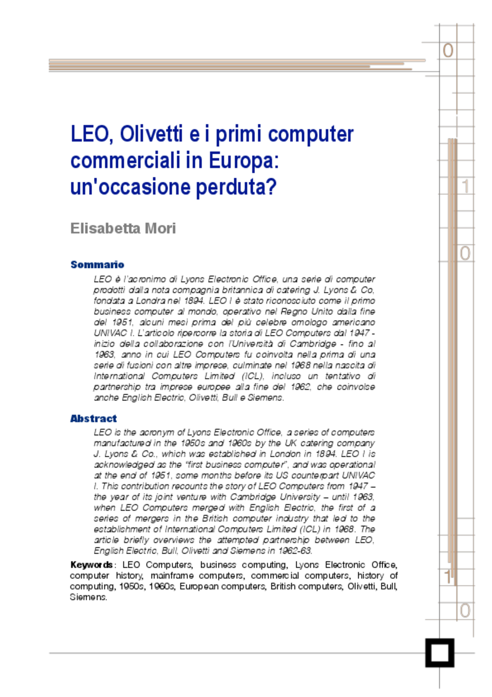 Article: LEO, Olivetti e i primi computercommerciali in Europa:un'occasione perduta?