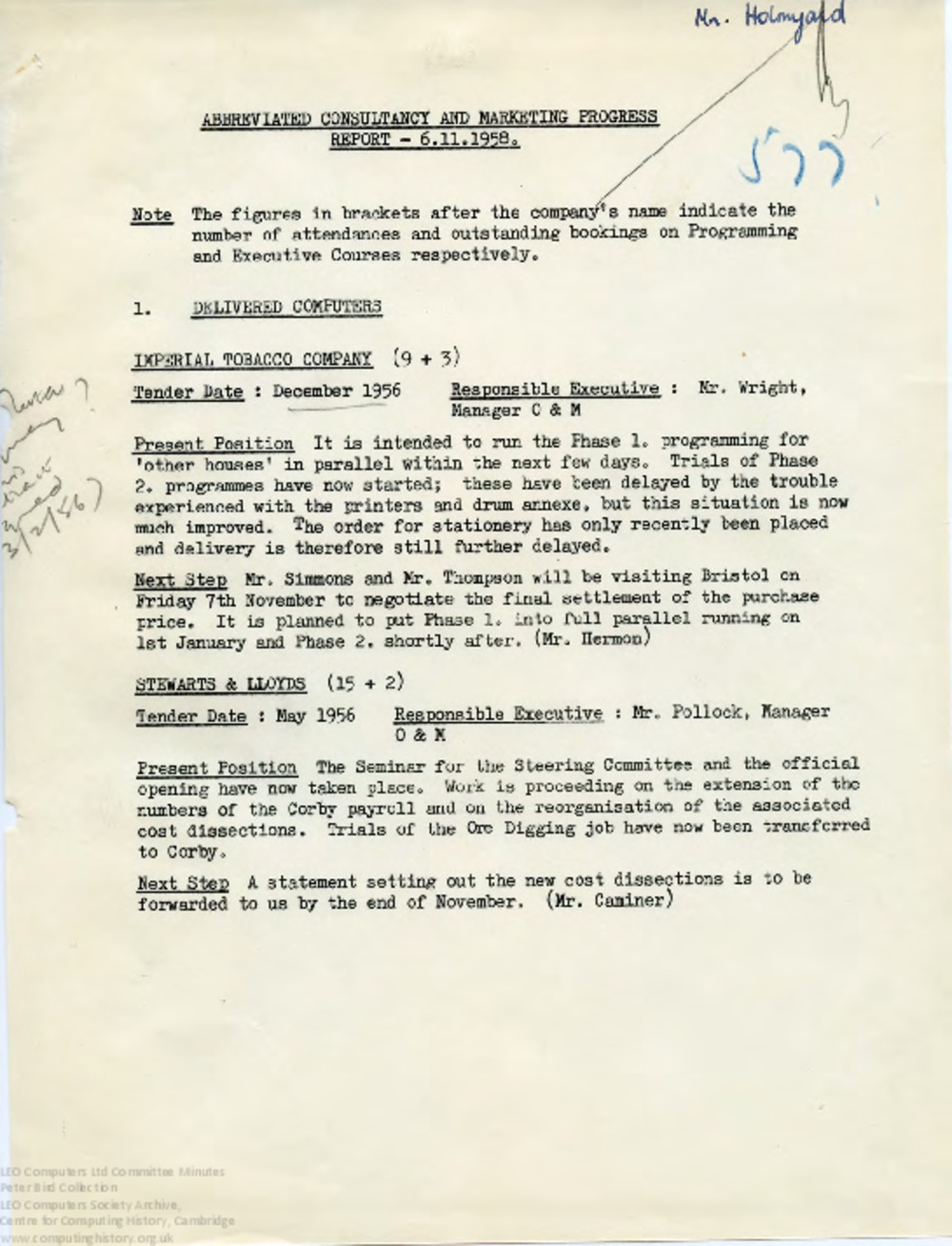 Article: 64464 Abbreviated Consultancy and Marketing Progress Report, 6th Nov 1958