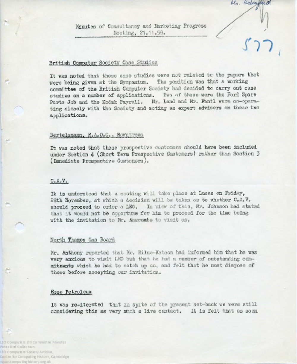Article: 64465 Consultancy and Marketing Progress Minutes and Full Report, 21st Nov 1958