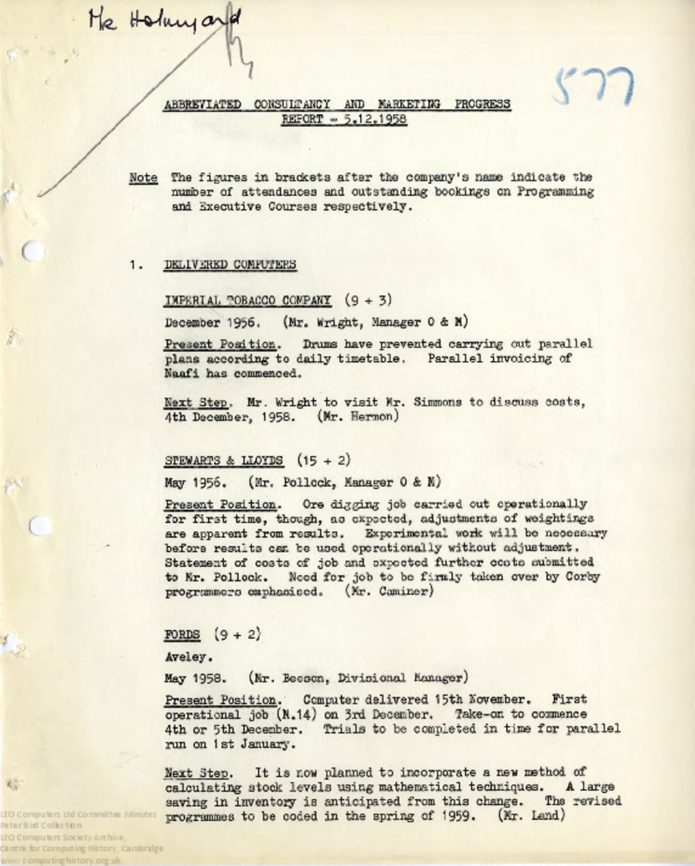 Article: 64466 Abbreviated Consultancy and Marketing Progress Report and Minutes, 5th Dec 1958