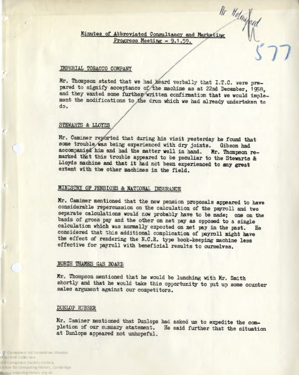 Article: 64468 Abbreviated Consultancy and Marketing Progress Report and Minutes, 9th Jan 1959
