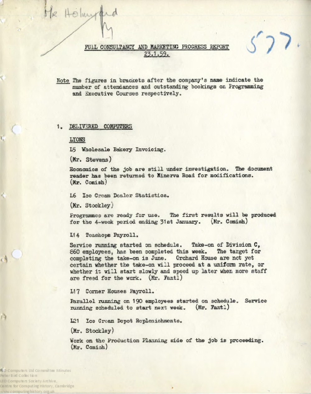 Article: 64469 Consultancy and Marketing Progress Minutes and Full Report, 23rd Jan1959