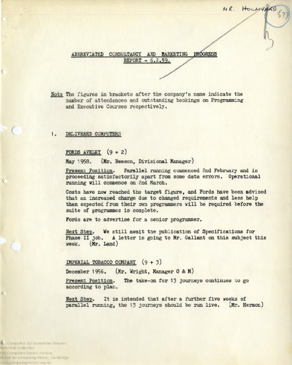 Article: 64470 Abbreviated Consultancy and Marketing Progress Report, 6th Feb 1959