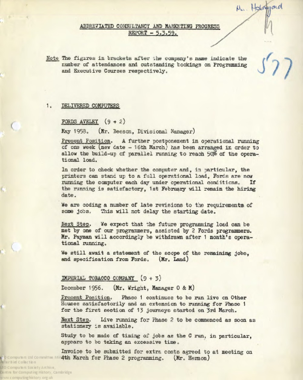Article: 64472 Abbreviated Consultancy and Marketing Progress Report and Minutes, 5th Mar 1959