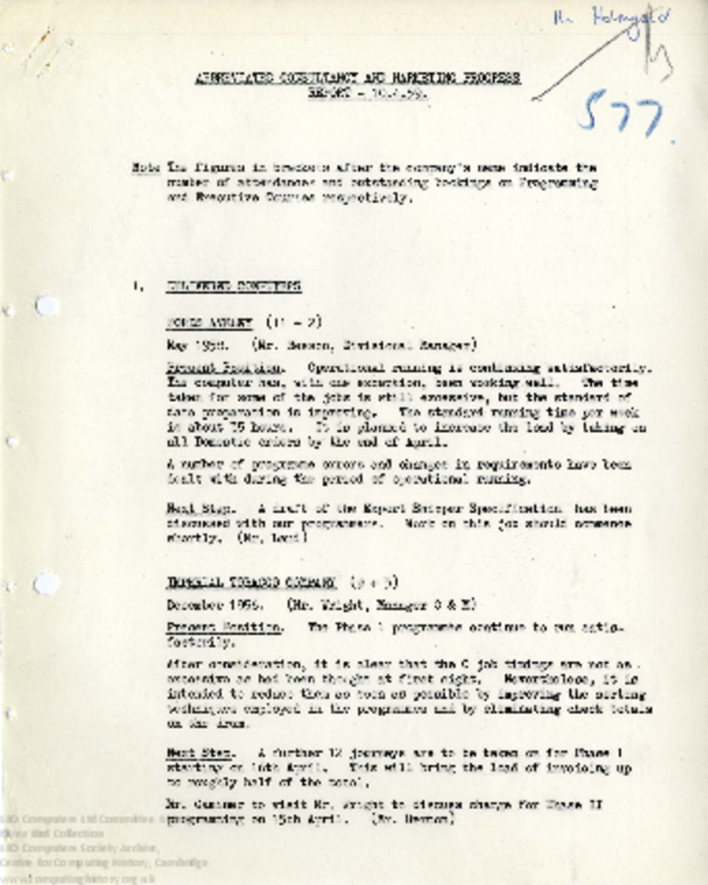 Article: 64474 Abbreviated Consultancy and Marketing Progress Report and Minutes, 10th Apr 1959