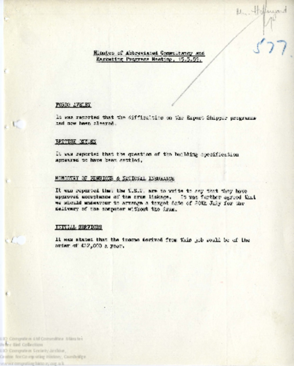 Article: 64476 Abbreviated Consultancy and Marketing Progress Report and Minutes, 15th May 1959