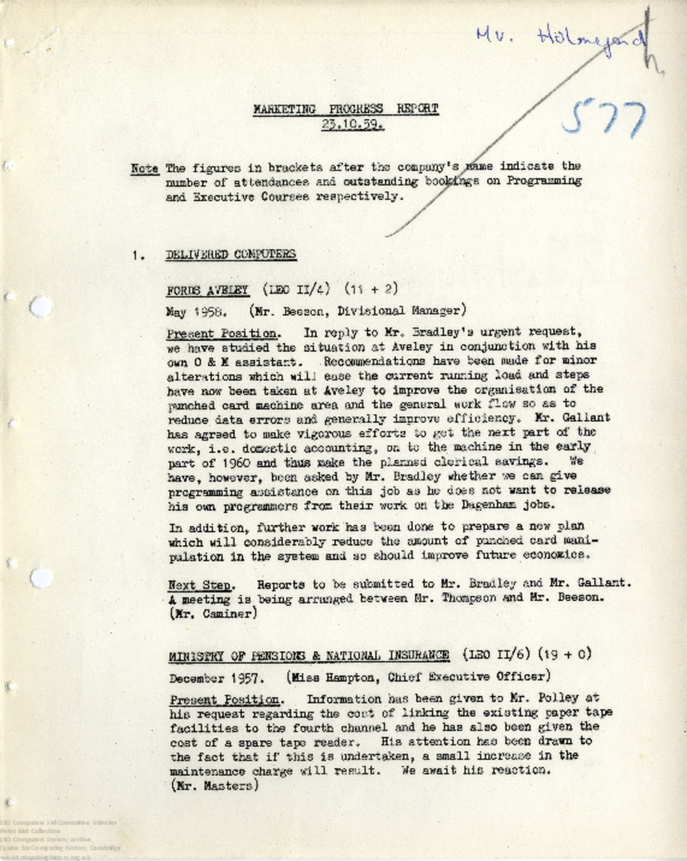 Article: 64482 Consultancy and Marketing Progress Report, 23rd October 1959