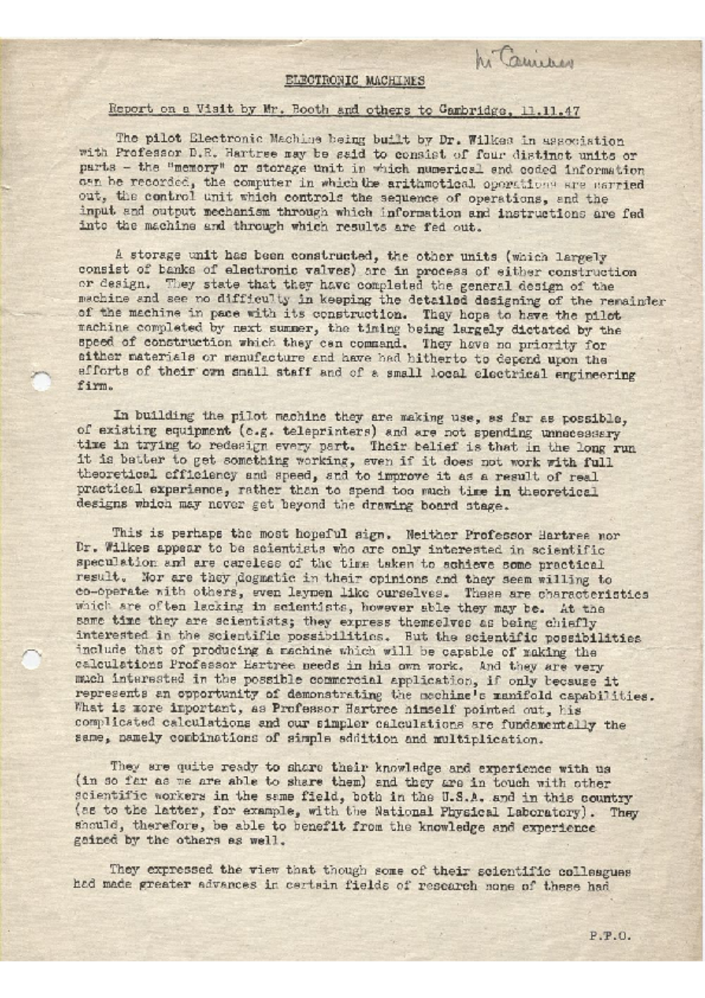 Article: 54869 Electronic Machines - Report on a Visit by Mr Booth and others to Cambridge, Nov 1947