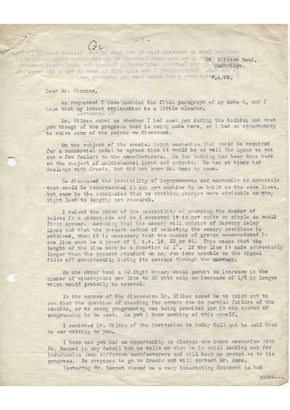 Article: 54870 Letter from Ernest Lenaerts to John Simmons with paper on the Half-Adder, Apr 1948