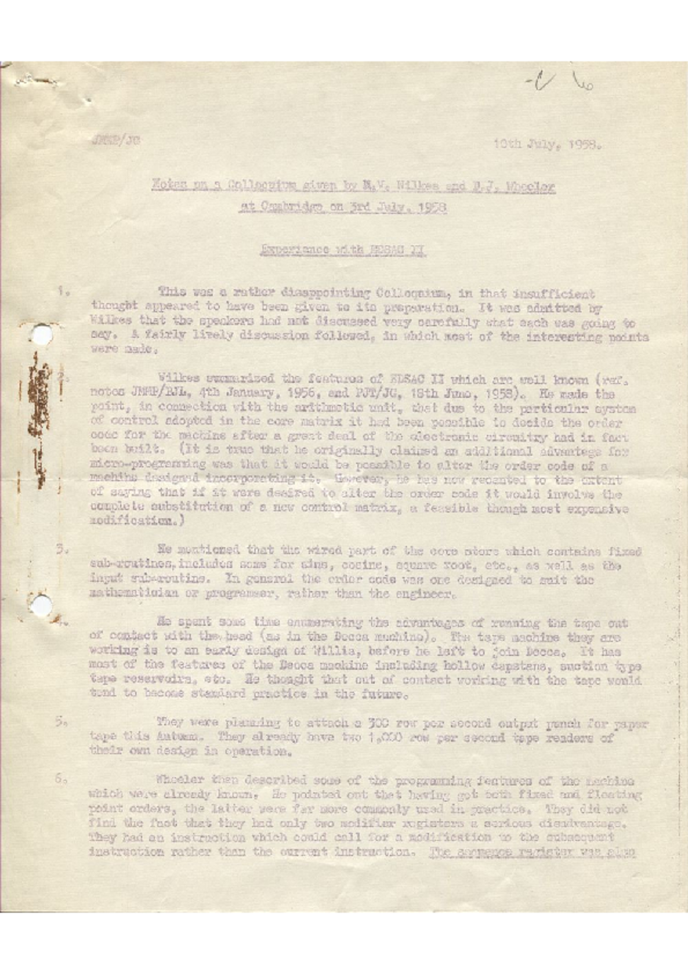 Article: 54877 Notes on a Colloquium at Cambridge, 3 Jul 1958
