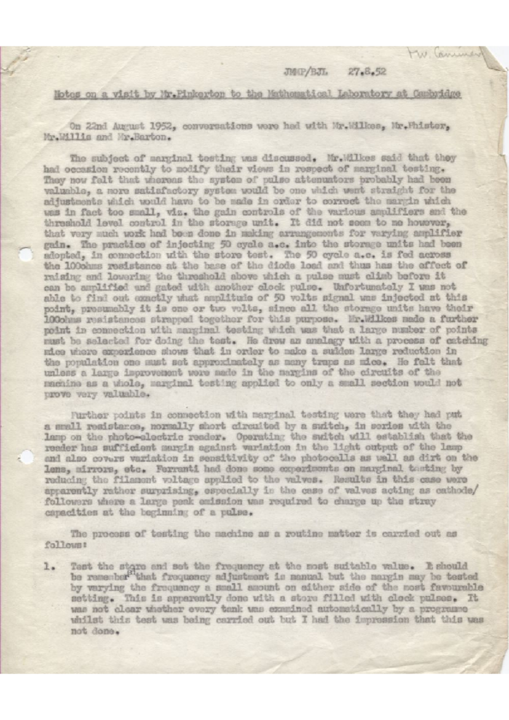 Article: 54871 Notes on a Visit by Mr Pinkerton to the Mathematical Laboratory at Cambridge, Aug 1952