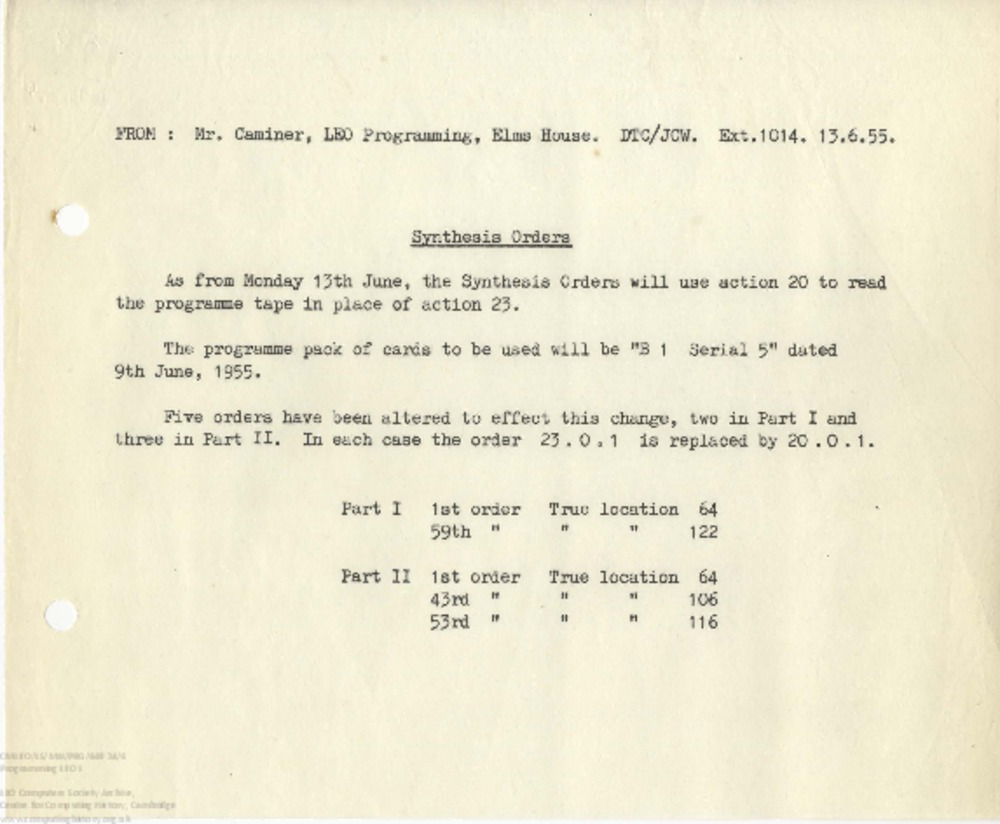 Article: 65269 Programming LEO I: Synthesis Orders change, 13th June 1955