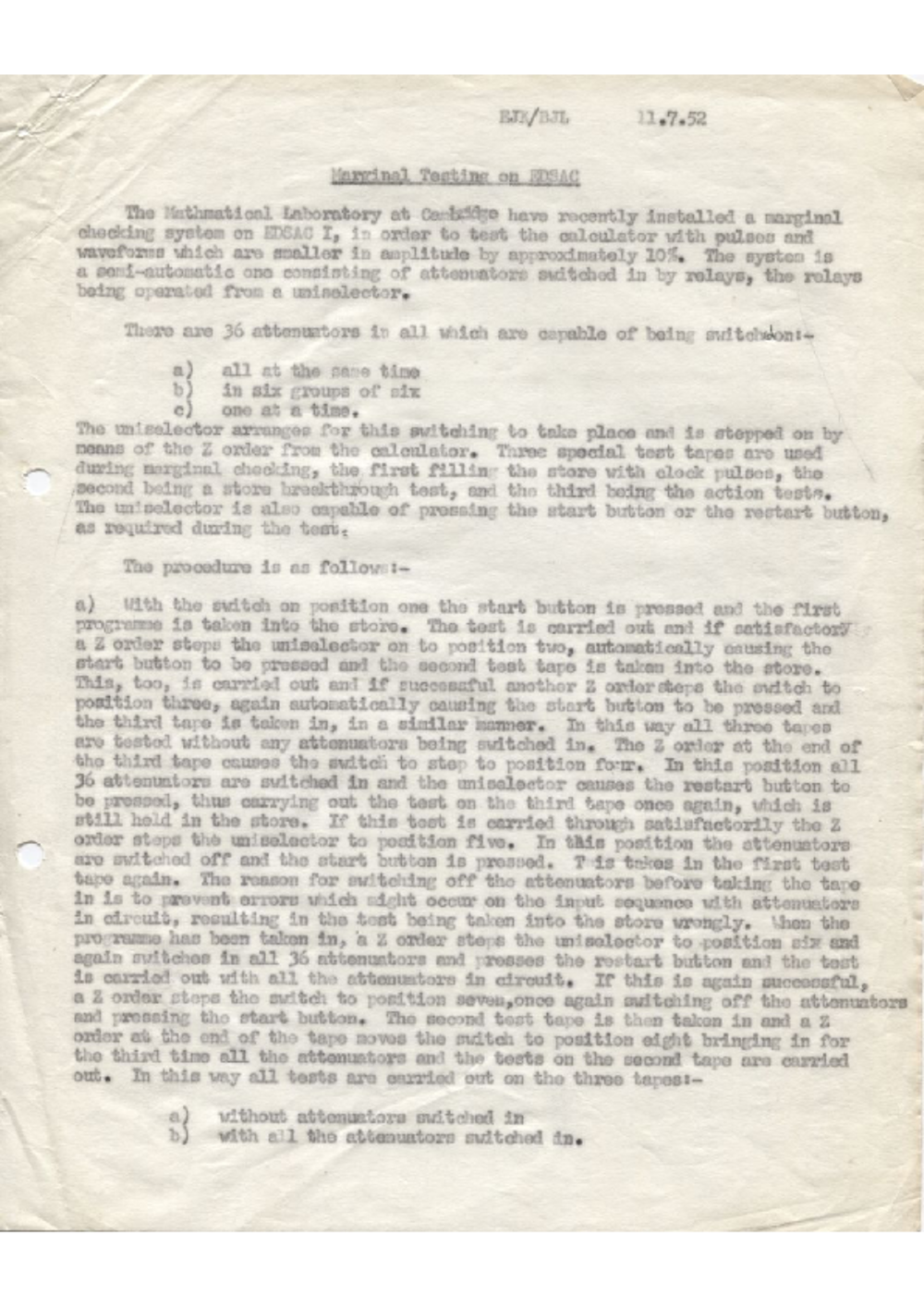 Article: 54873 Marginal Testing on EDSAC, Jul 1952