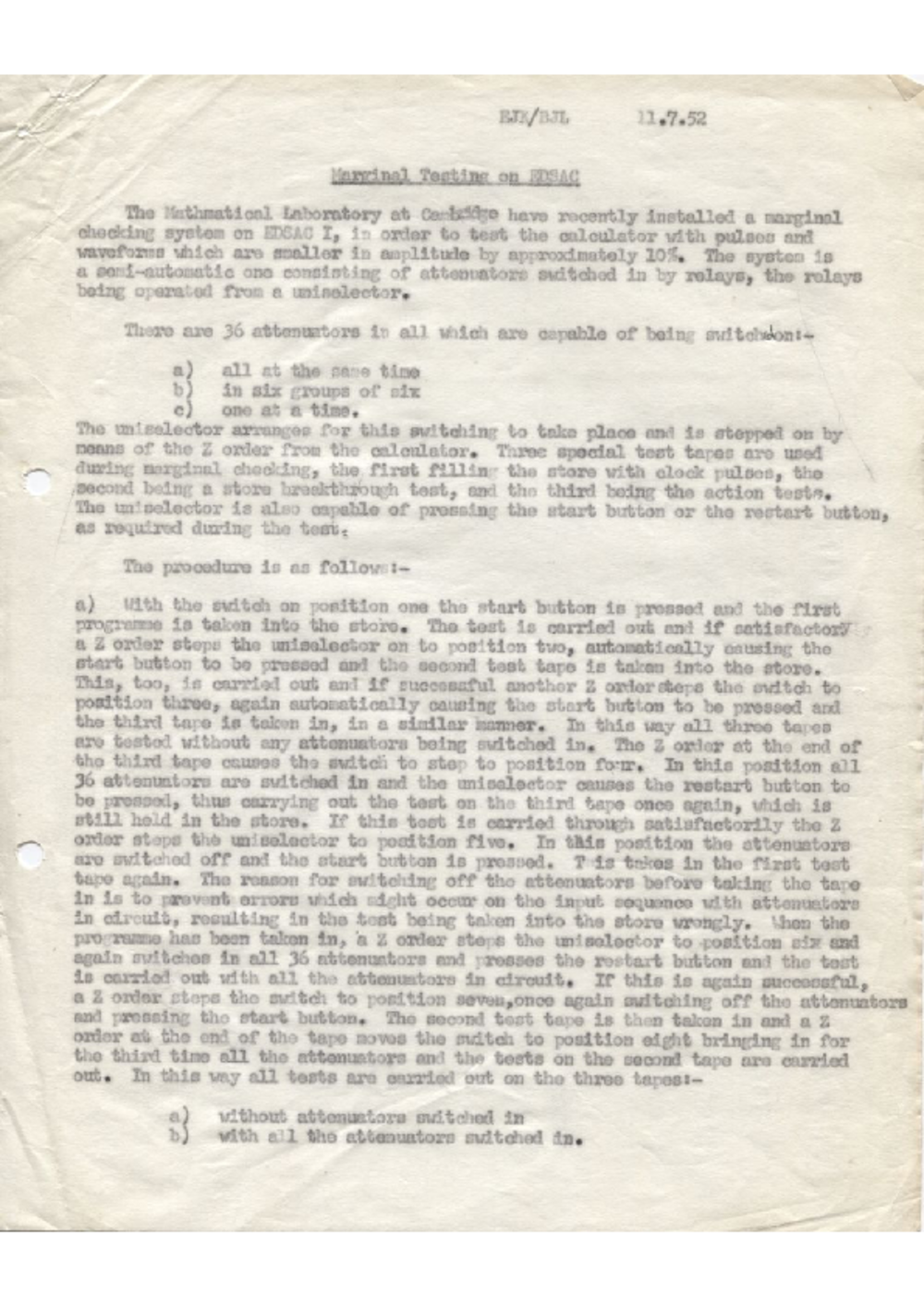Article: 54873 Marginal Testing on EDSAC, Jul 1952