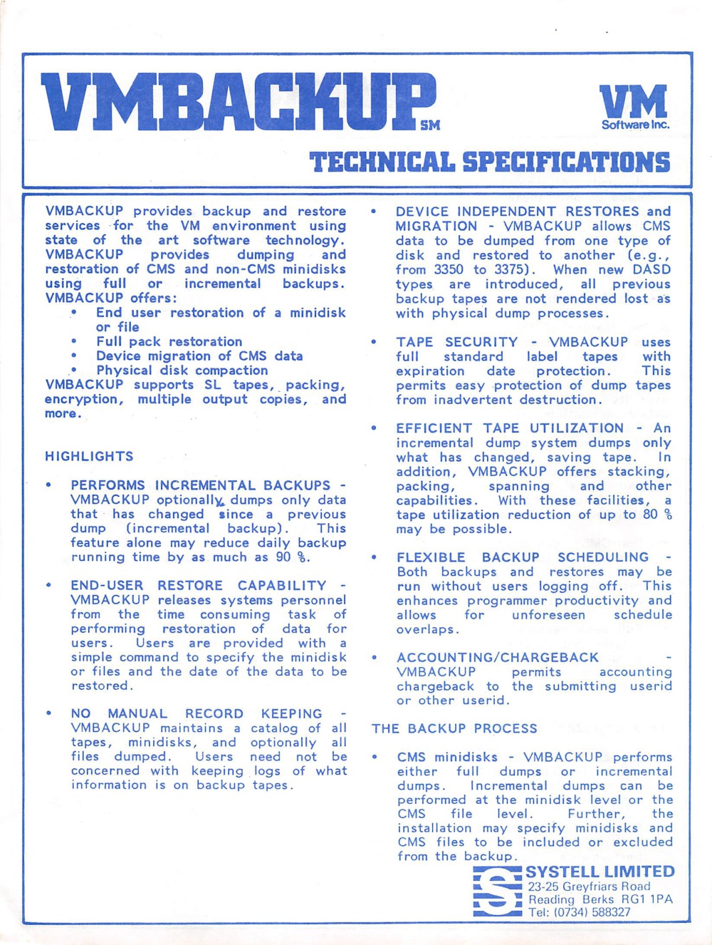 Article: VM Software - Product Specifications