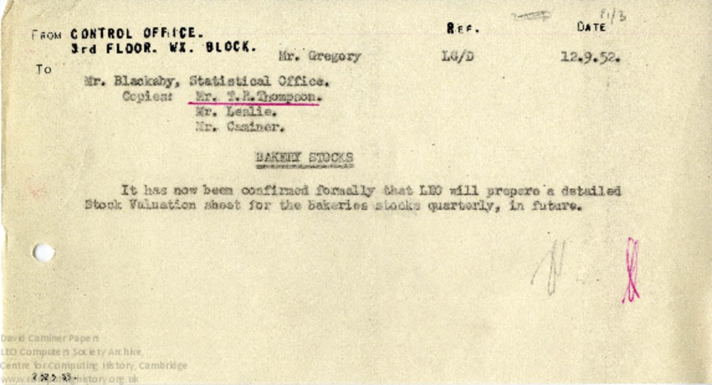 Article: Memo regarding Bakery Stock Valuation Sheets, 12th September 1952