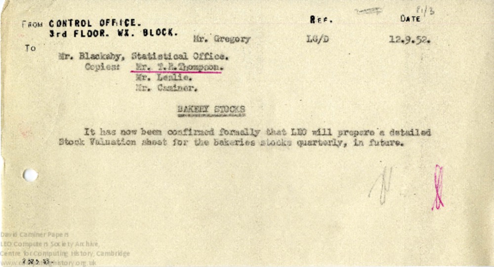Article: Memo regarding Bakery Stock Valuation Sheets, 12th September 1952