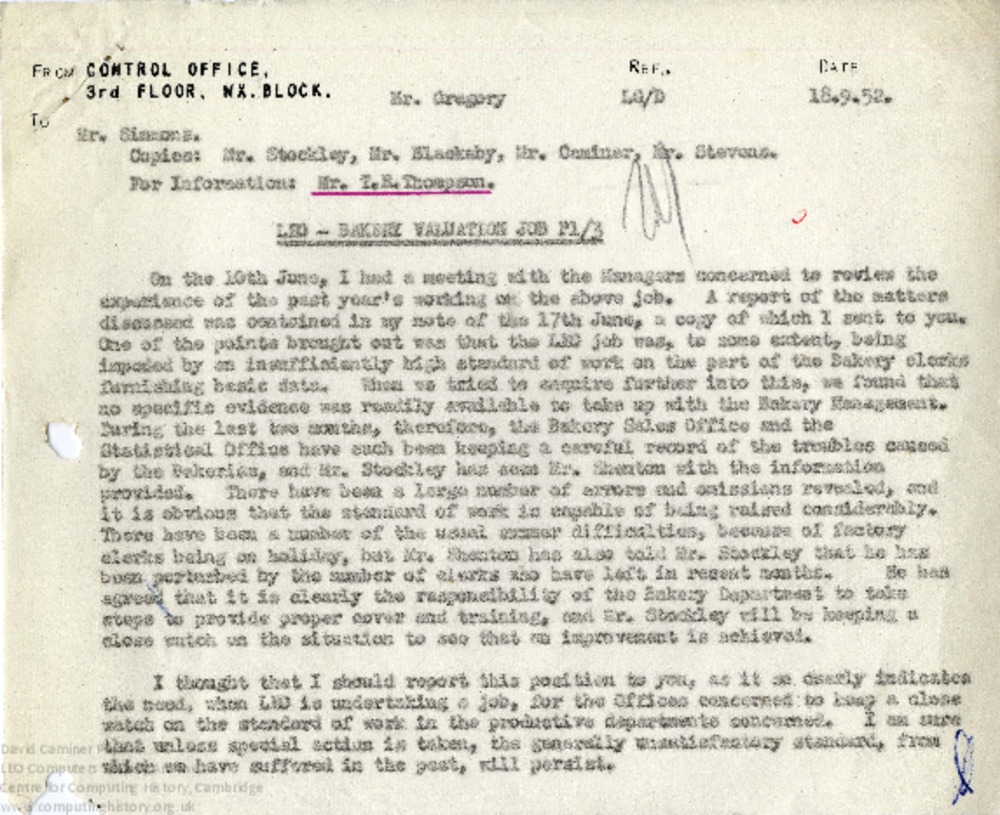 Article: Memo regarding Bakery Valuations Job P 1/3 report and difficulties encountered, 18th September 1952
