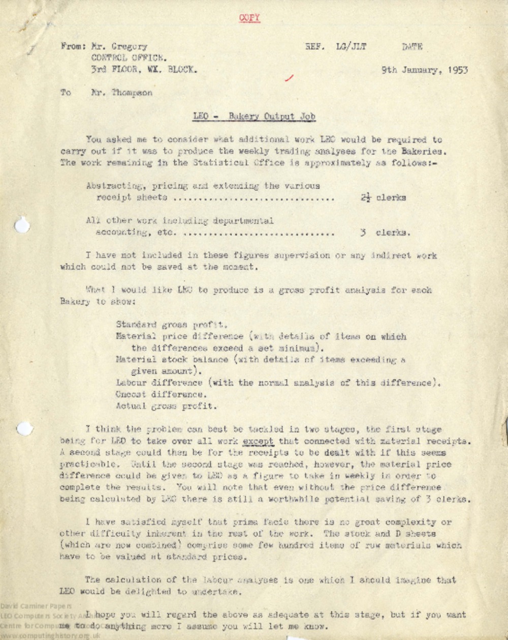 Article: Memo regarding work to be carried out by LEO, 9th January 1953 (Copy)