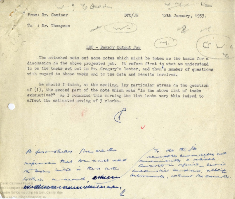 Article: Memo regarding notes for the Bakery Output Job, 12th January 1953