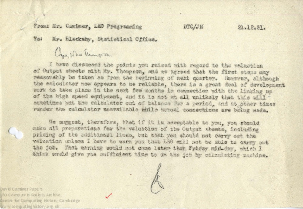 Article: Memo regarding valuation of Output sheets, 21st December 1951
