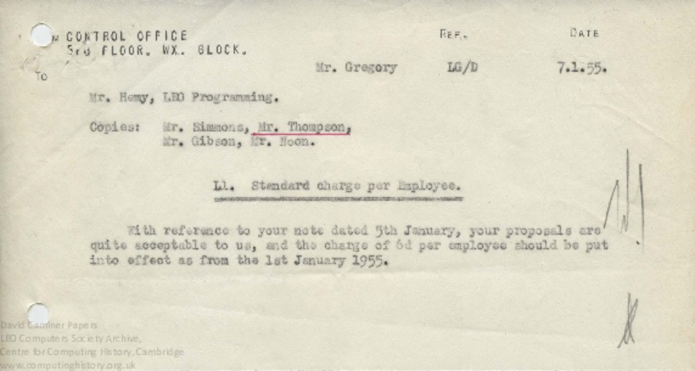 Article: Memo regarding the standard charge per employee, 7th January 1955