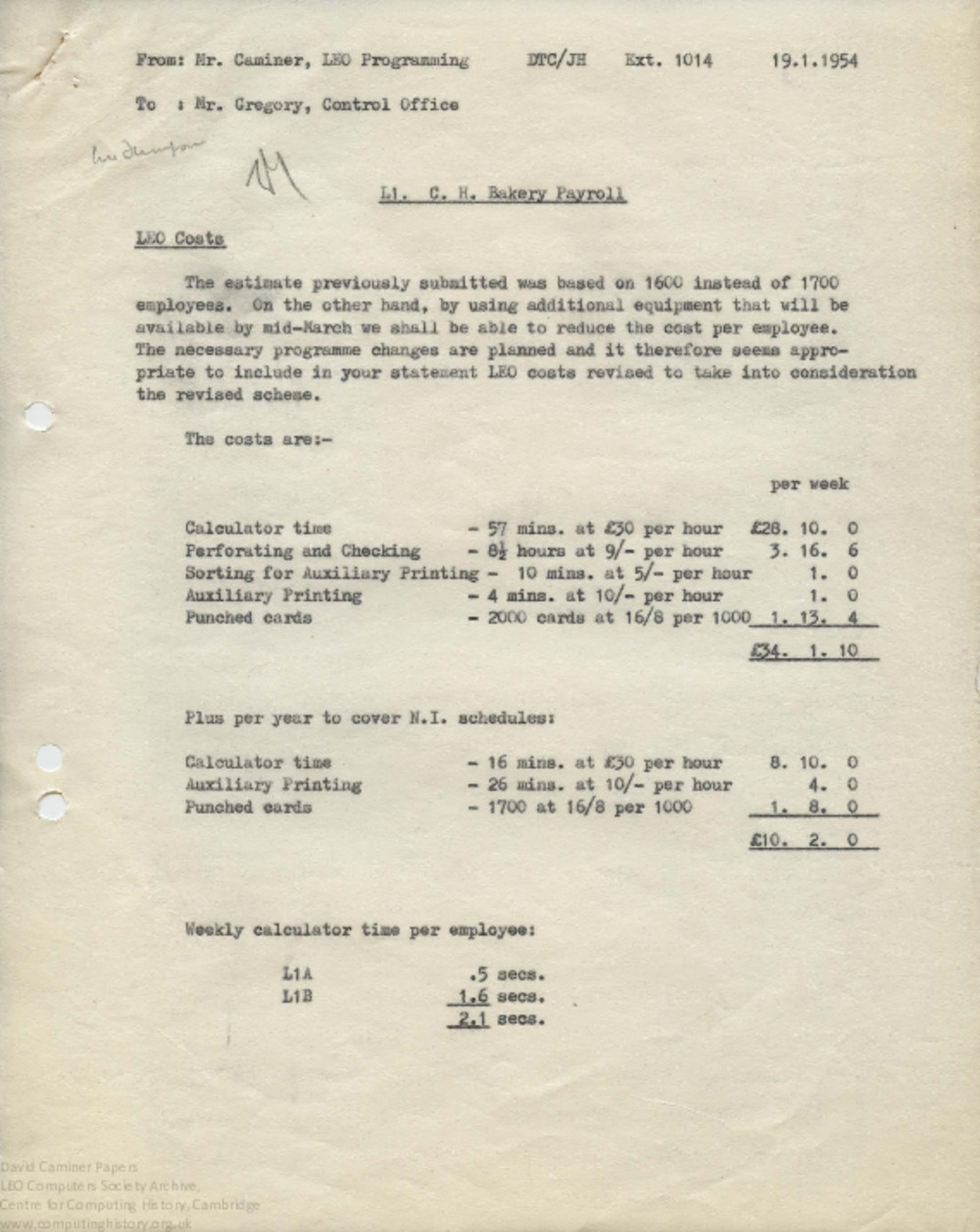 Article: Memo regarding revised costs and using 2 card feeds, 19th January 1954