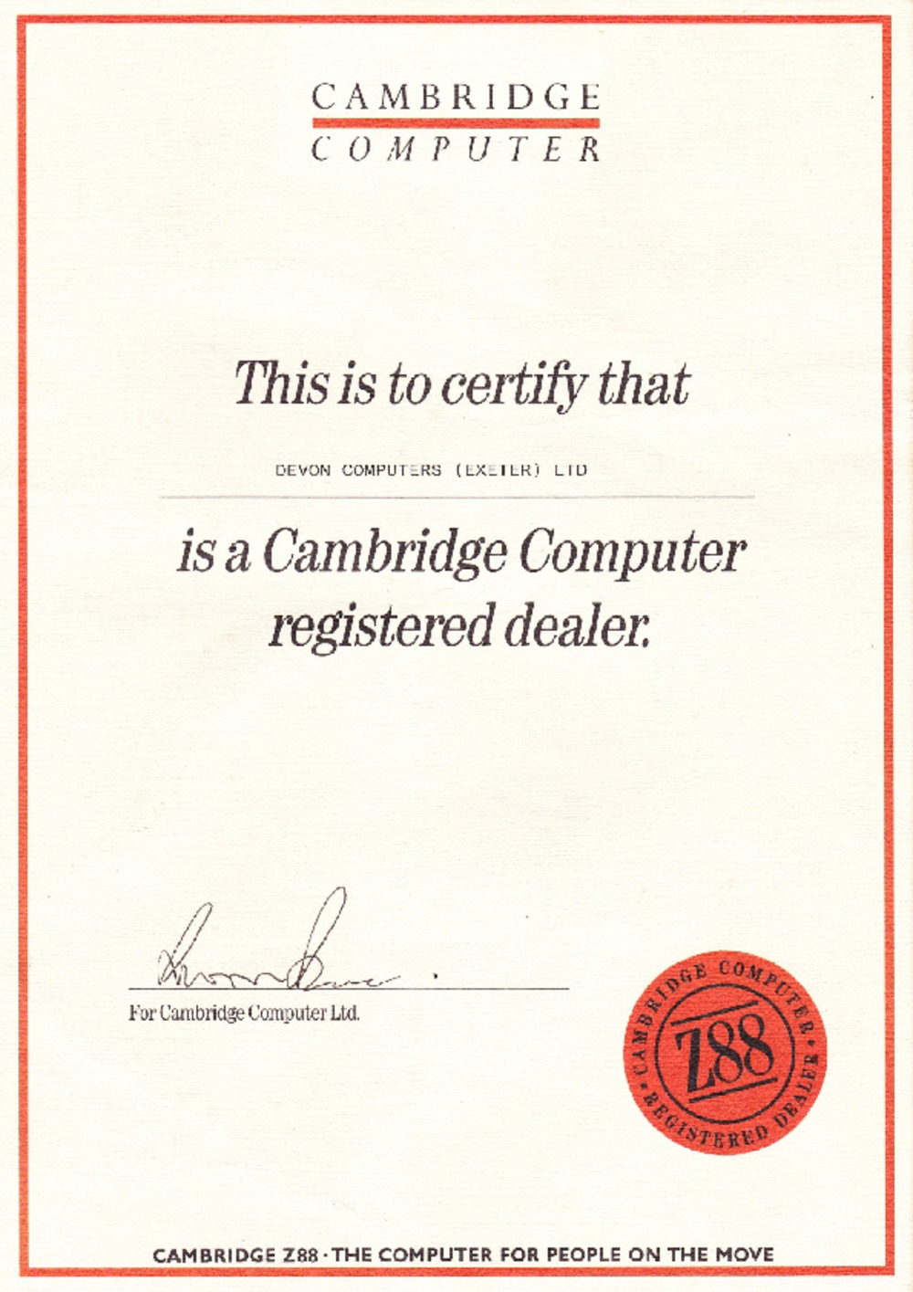 Article: Devon Computers Registered Dealer Z88 Certificate