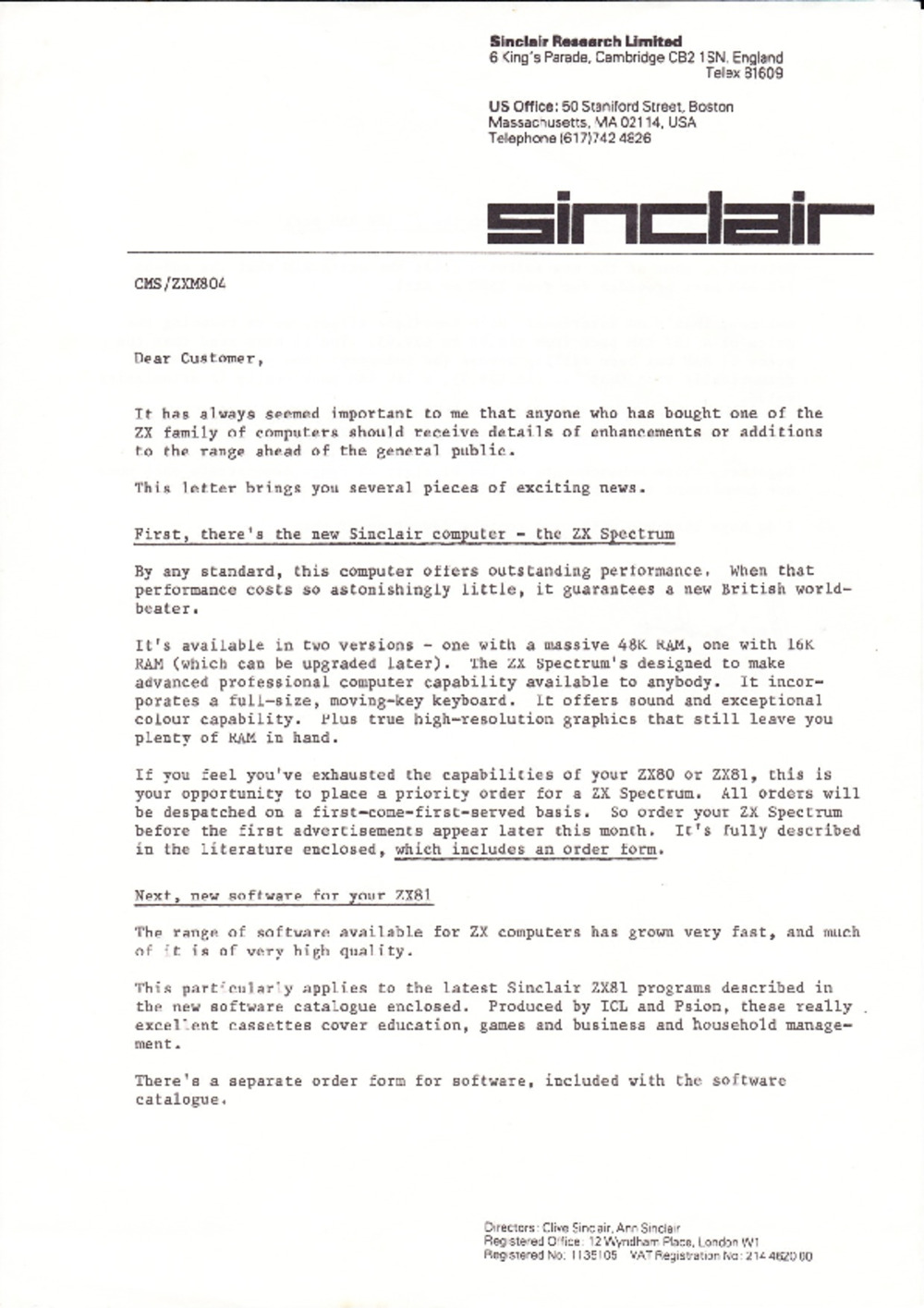 Article: Sinclair ZX Spectrum Release and New ZX81 Software Letter